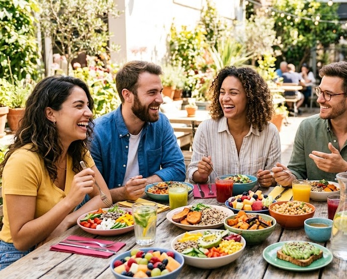 Zdravá snídaně s ovocem, celozrnnými výrobky a ořechy podporující energii