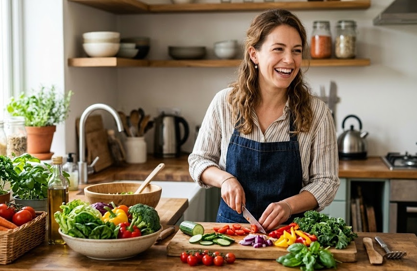 Přehled potravin podporujících zdravý krevní oběh uspořádaných na stole